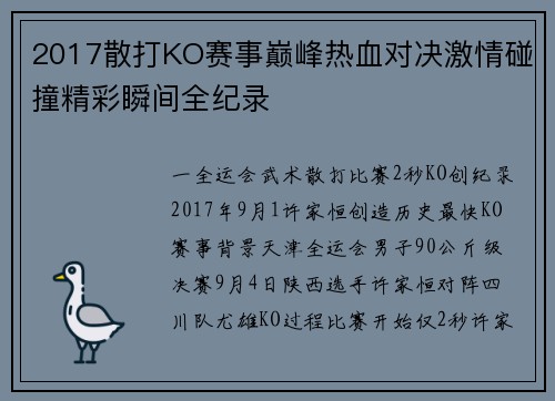 2017散打KO赛事巅峰热血对决激情碰撞精彩瞬间全纪录